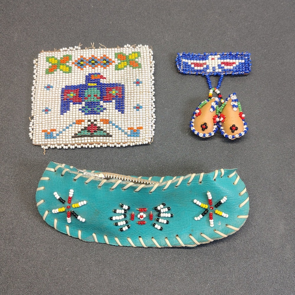 Vintage Beaded Leather Souvenir Set Multicolor Seed Bead NA Pieces